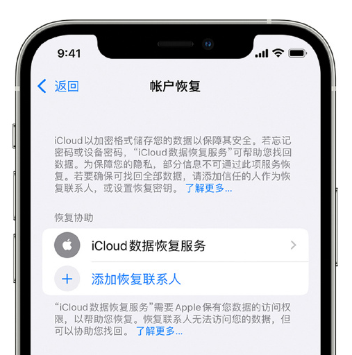 巨野苹果手机维修分享在 iPhone 上设置帐户恢复联系人的方法 